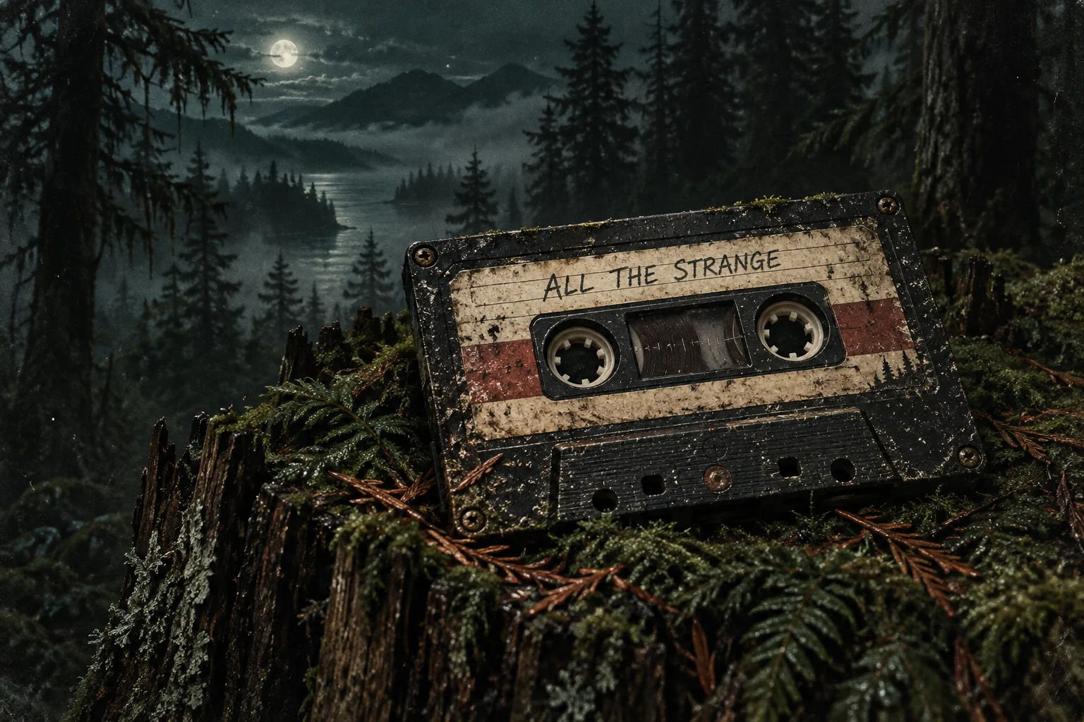 An old cassette labeled All The Strange rests on a mossy stump above a moonlit forest and lake.