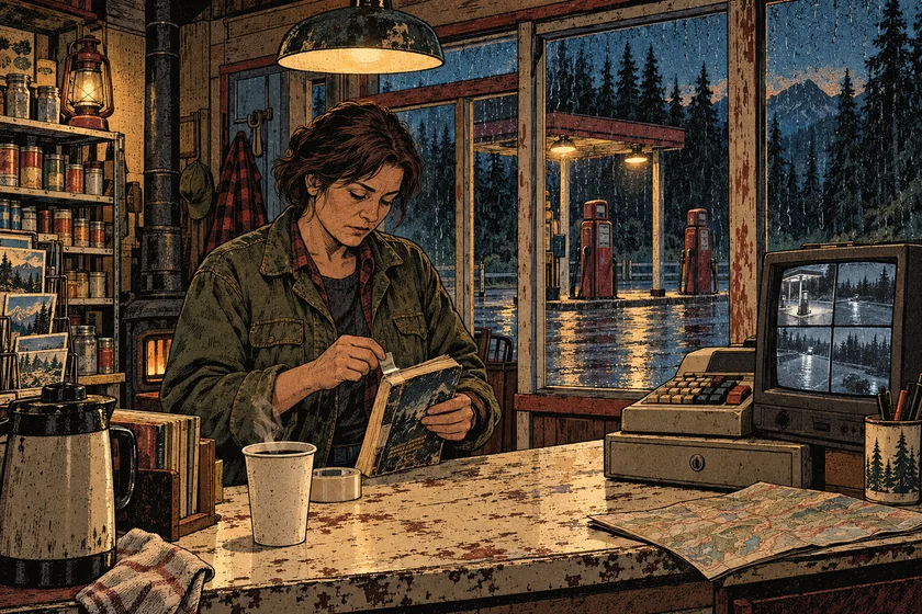 Tess waits behind the counter of the roadside shop.