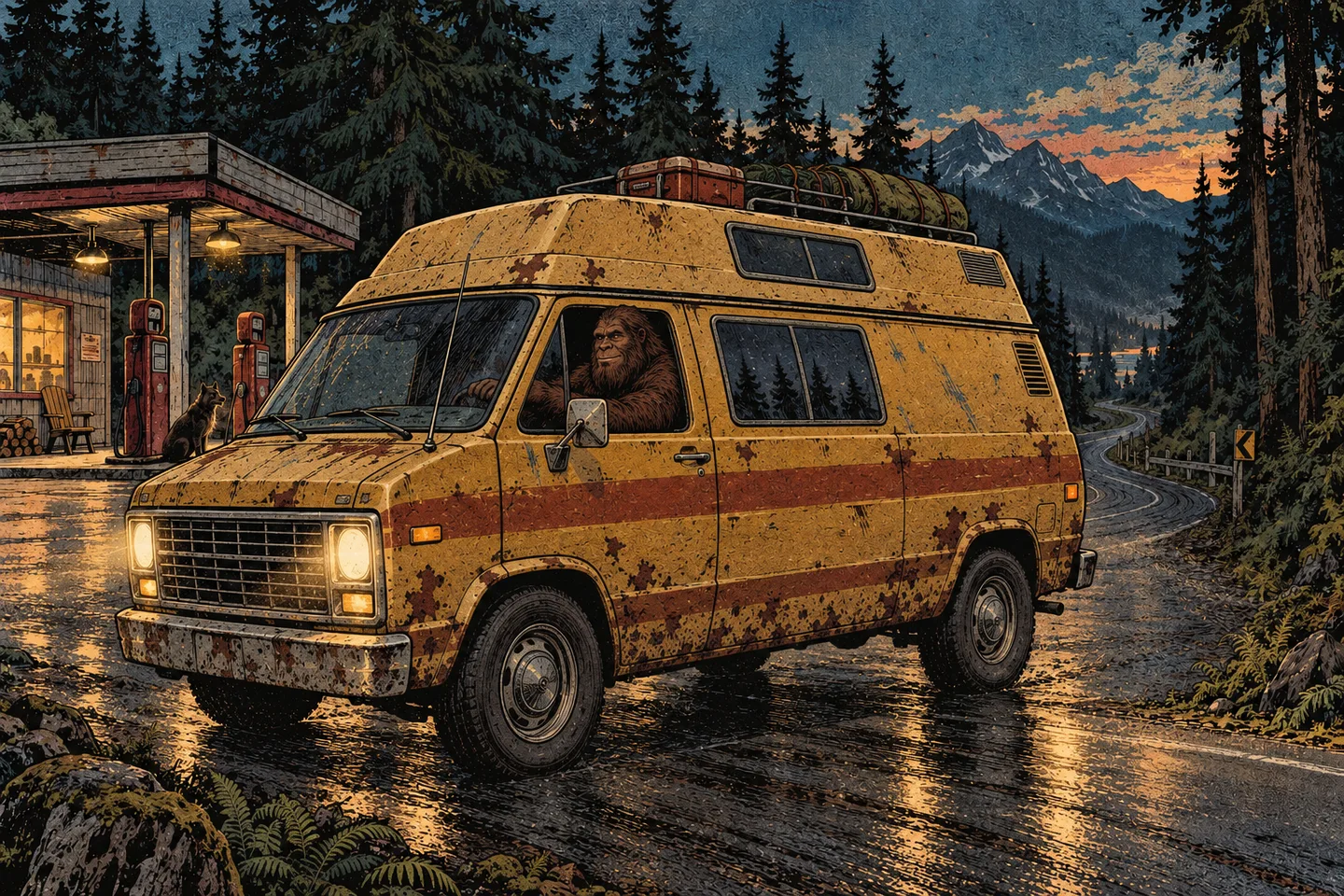 Bigfoot drives a mustard-yellow camper van away from a rain-soaked roadside station.